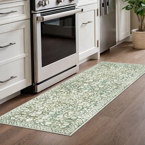 SILOLOOM Vintage Washable Runner Rug 2x6, Sage Green Beige Runners for hallways, Super Soft Kitchen Runner Rug Non Slip, P...