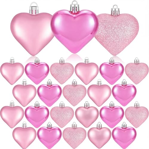 XmasExp Valentines Day Decor Heart Ornaments for Christmas Tree Decorations Set of 24 Pink Heart Shaped Bauble Perfect for...