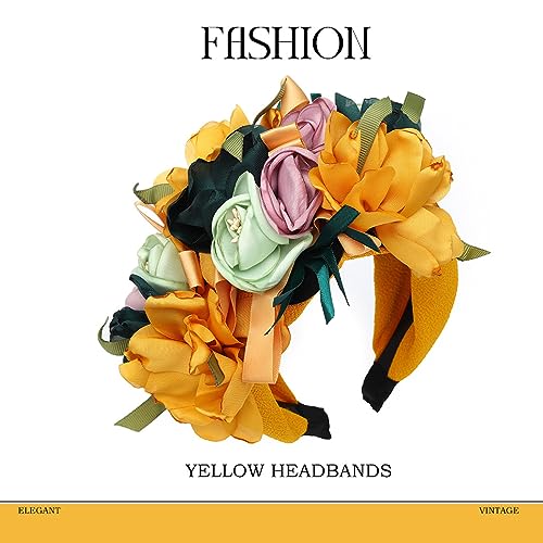 Coridy Flower Headbands for Women Boho Yellow Floral Headband Wide Autumn Wedding Hairband statement Hair Accessories(Yellow)