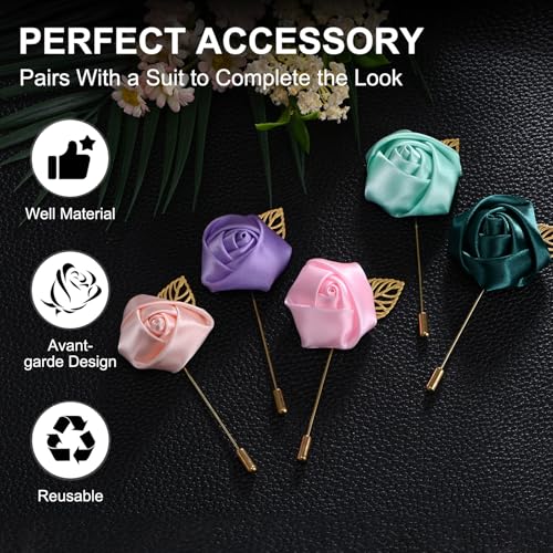 M METERXITY 48-Pack Flower Lapel Pins for Men, Golden Leaf Rose Boutonnieres Pin Groom Boutonnieres for Wedding/Dance/Part...
