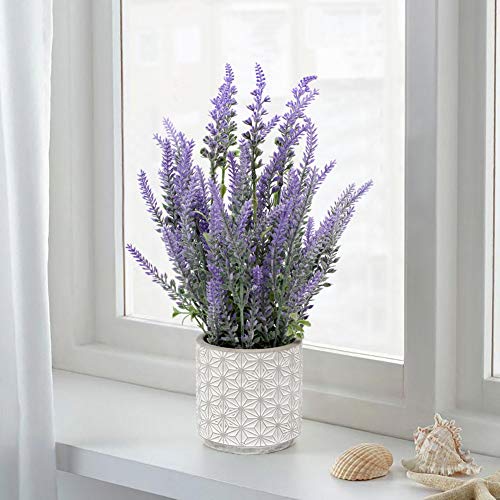 DILATATA Lavender Flowers Artificial Decor in Cement Pot - Faux Plants for Rustic Home, Bathroom, Table Centerpieces, Wedd...