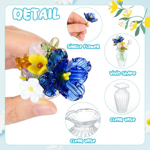 Fiwochic 7 Color Glass Birth Flower Decor Glass Birthday Month Flower Bouquet with Small Vase Crystal Wildflower Blossom f...
