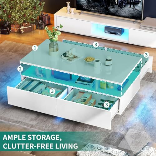 YITAHOME LED Coffee Tables for Living Room, High Glossy Coffee Table with Storage 4 Sliding Drawers, Small Rectangular LED...