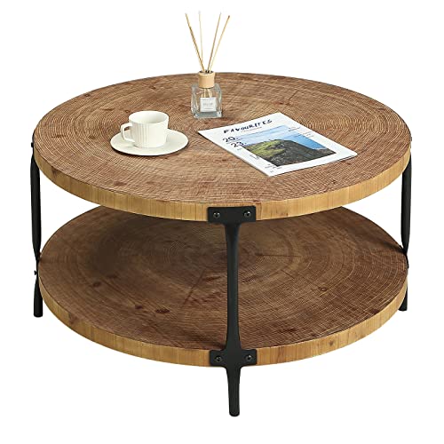 Awescuti Round Boho Wood Coffee Table - 29.1" Farmhouse Natural Circle Wooden 2-Tier Coffee Tables Living Room Furniture, ...
