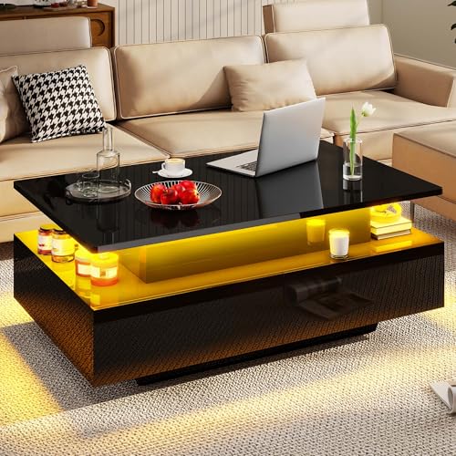 DWVO LED Lift Top Coffee Tables for Living Room, Rectangular Coffee Table with 4 Spacious Drawers, Modern Center Table wit...