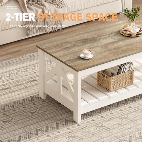 YESHOMY Farmhouse Coffee Table, Coffee Tables for Living Room, Farmhouse Square Coffee Table with Storage, Couch Table, Sm...