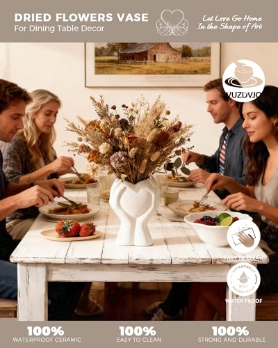 A Heart Held in Two Hands White Vases for Flowers - Cute Modern Small Ceramic Flower Vase for Pampas Grass - Decorative Ta...