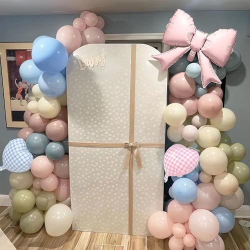 Silly Goose Balloon Arch with Checkered Heart Bow Foil Balloons, Pink Blue Sage Green Sand White Ivory Balloon Garland for...