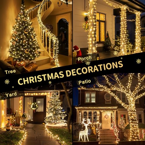 JMEXSUSS 200 LED Christmas Lights Indoor Outdoor, Connectable Warm White Christmas Tree Lights Clear Wire, 66 Ft Twinkle F...