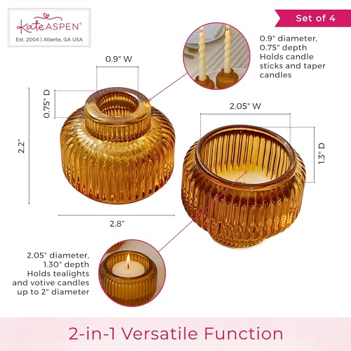 Kate Aspen Amber Taper Candle Holders for Candlesticks Set of 4 - Fluted Candlestick Holders for Fall Decor, Home Decor, V...