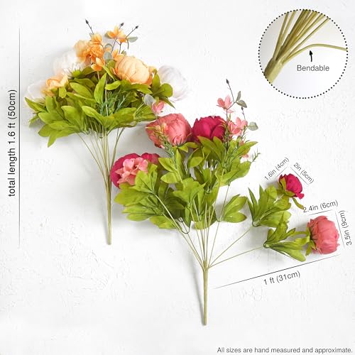 FiveSeasonStuff Artificial Peony Bouquets, 2 Silk Flower Bundles in Peach, Coral, Cream & Burgundy with Hydrangeas for Wed...