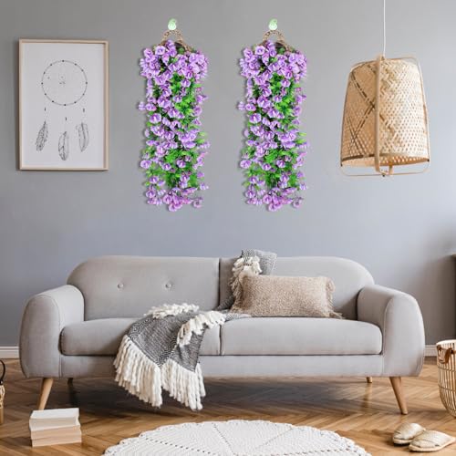 Elecxlink 2PCS Artificial Hanging Flowers, UV Resistant Fake Plastic Faux Hanging Plants Morning Glory Vines for Indoor Ou...