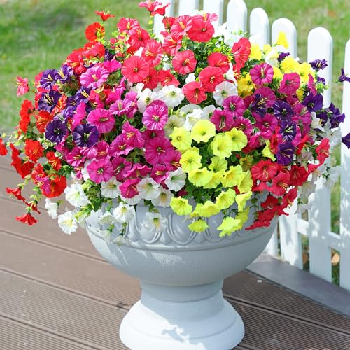 Artificial Flowers Fake Plants for Outdoors Decoration, 12 Bundles Silk Morning Glory with Eucalyptus Realistic UV Resista...