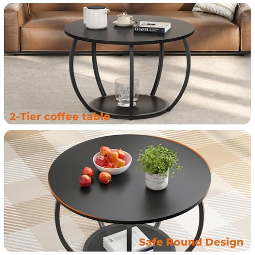 GreenForest Round Coffee Table with 2-Tier Open Storage, 27.6 inch Small Circle Coffee Tables with Adjustable Feet, Modern...