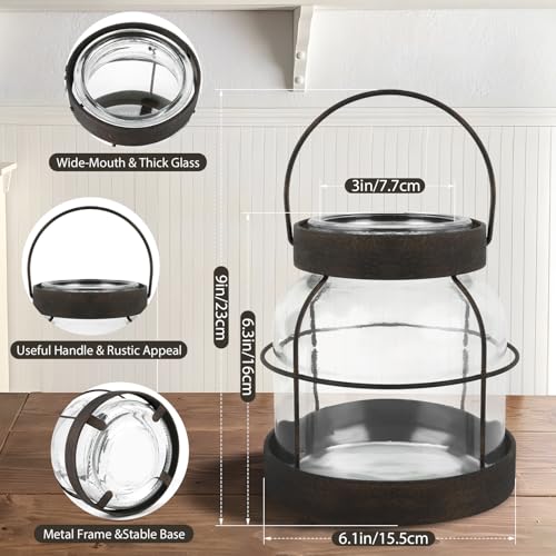 Farmhouse Glass Vase, Vintage Vase for Flowers with Distressed Metal Frame and Handle for Rustic Dining Tables Entryways L...