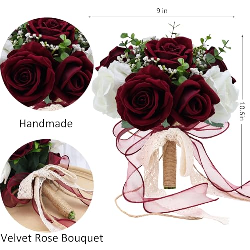 Vkkperp 9in Wedding Bouquets for Bride Bridesmaid, Burgundy & White Artificial Roses Flowers Bouquet for Rustic Church Boh...