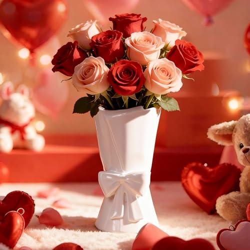 Relexome Fully Glazed White Ceramic Bow Vase 9.64 in Unique Cute Modern Decorative Bouquet Flower Vases for Home Living Ro...