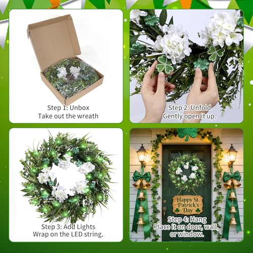 22" St. Patrick’s Day Wreath for Front Door, Green Shamrock & White Hydrangea Artificial Wreaths with LED Lights, Spring H...