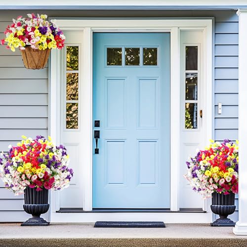 Suncalla 4 Sets Artificial Hanging Flowers with Basket, Faux Silk Colorful Morning Glory Flower Arrangement UV Resistant f...