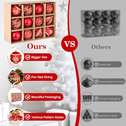 EveryMerry 12-Pack 3.1 Inch Christmas Ornaments Set - Red & Gold Ornament Balls with 5 Various Designs, Decorations with S...