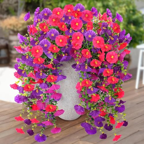 HSTEY 4PCS Artificial Morning Glory Vines Spring Summer Hanging Flowers for Outdoor with Eucalyptus Leaf, Silk Flowers for...
