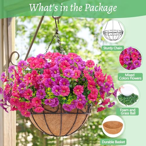 Elyum Artificial Hanging Flowers for Outdoors, Fake Flowers Artificial Petunias Hanging Baskets for Outdoors, UV Resistant...