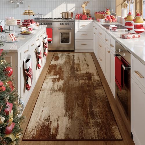 Washable Runner Rug, 2x6 Kitchen Rugs Brown Long Runner Rugs with Rubber Backing, Abstract Non-Slip Carpet Runners for Hal...