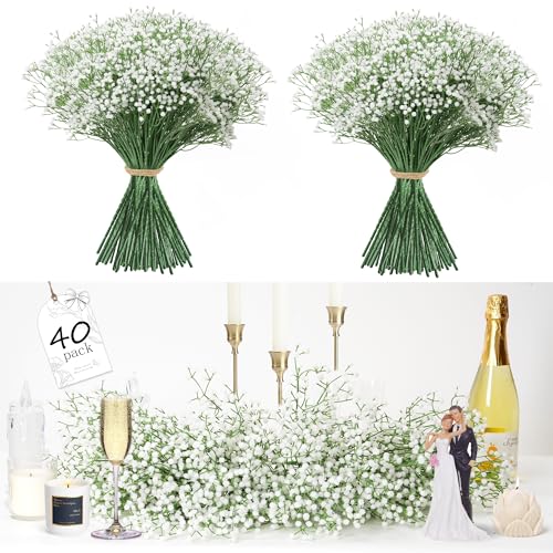 Fanfantoey 40Pcs Babys Breath Artificial Flowers, White Gypsophila Real Touch White Flowers Artificial Bulk, DIY Wedding F...