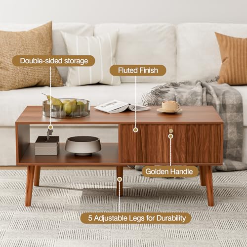 LCRBOL Coffee Table with Storage, Mid Century Dining Table with Fluted Drawer and Solid Wood Legs, Small Coffee Tables for...