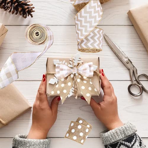 3 Rolls Burlap Wired Ribbons 15 Yards Stripe Dot Buffalo Plaid Pattern Wrapping Gingham Grosgrain Ribbon for DIY Crafts Pa...