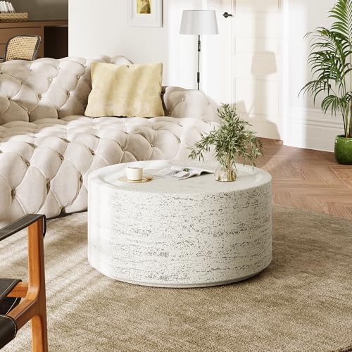UPHA Modern Round Coffee Tables, Minimalist Accent Luxury Small Faux Stone Coffee Table, Low Light Hollow Concrete Center ...