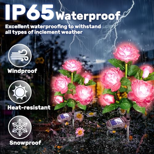 Anordsem Solar Garden Lights Outdoor: 10 Artificial Fabric Pink Roses Flowers 2 Pack- LED Flower Decorations for Cemetery ...