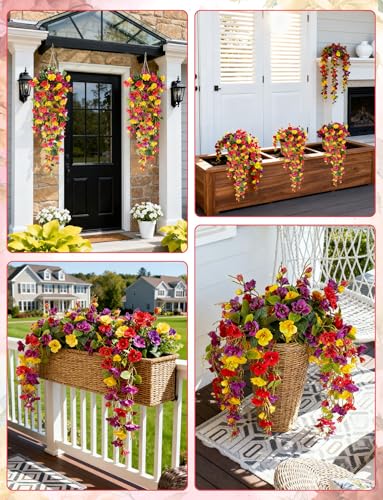 2 Pcs Fake Hibiscus Artificial Hanging Flowers, Mixed Colorful Silk Hibiscus Trailing Vines Spring Summer Long Red Yellow ...