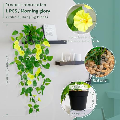LOYWREE Artificial Hanging Flowers Plants Fake Potted Long Ivy Vine Plant Faux Pothos with Hanging Morning Glory Flowers f...