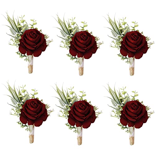 Ansofi Set of 6 Wine Red Boutonniere for Best Men Groom Groomsmen Burgundy Buttonholes for Wedding Party Prom Decoration