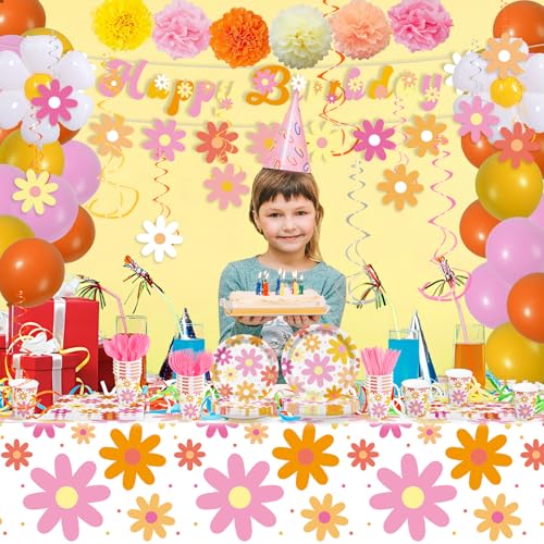 236pcs Groovy Daisy Party Supplies Daisy Plates Napkins Flower Tablecloth Banner Balloons Daisy Boho Paper Cups Dinner Tab...