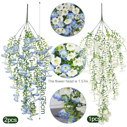 ACRYCS 3 Pcs Artificial Hanging Flowers for Outdoors Morning Glory Artificial Flowers Spring Summer Decoration UV Resistan...
