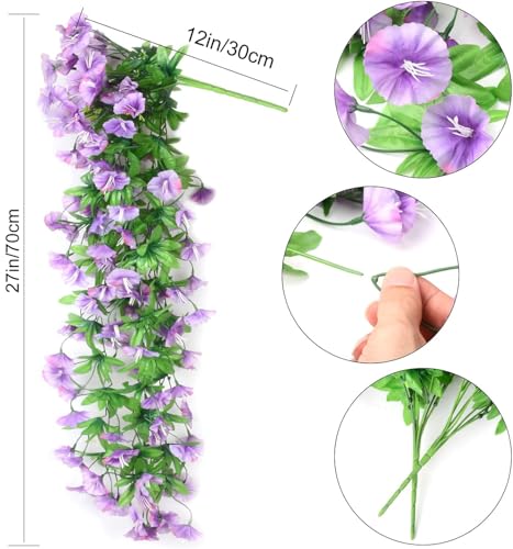 Elecxlink 2PCS Artificial Hanging Flowers, UV Resistant Fake Plastic Faux Hanging Plants Morning Glory Vines for Indoor Ou...