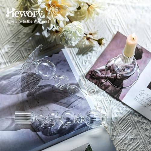Hewory Glass Candlestick Holders Set: 3PCS Clear Candle Holder Taper Candle Holders Bulk, Crystal Ribbed Candle Sticks Hol...