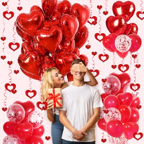 Red Heart Balloons Set, 30Pcs Heart Shaped Balloons and 50Pcs Red Hanging Streamer for Valentines Decorations, Proposal, W...