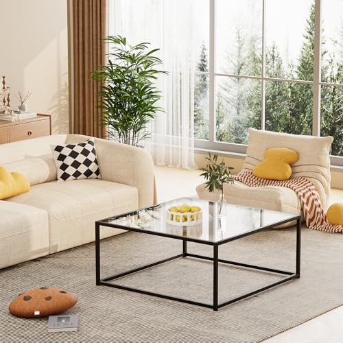 Black Glass Coffee Table for Living Room,Square Coffee Tables for Small Spaces,Simple Tea Cocktail Modern Center Tables, L...