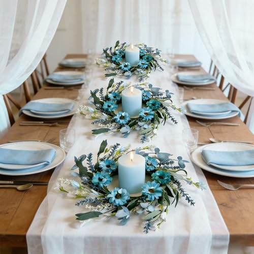 6 Pcs Small Blue Daisy Flower Candle Rings Wreaths Mini Pillar Candle Holder Wreath with White Floral Eucalyptus Leaves La...