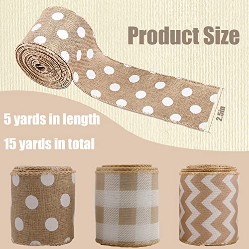 3 Rolls Burlap Wired Ribbons 15 Yards Stripe Dot Buffalo Plaid Pattern Wrapping Gingham Grosgrain Ribbon for DIY Crafts Pa...