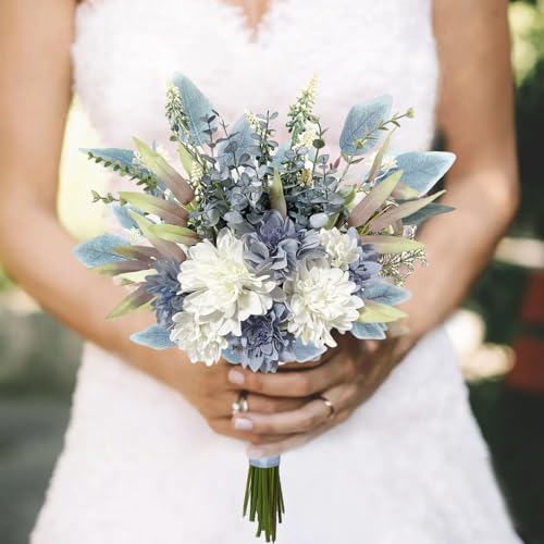 Aoztio Artificial Flowers Bouquet, Silk Flowers Blue Fake Flowers Arrangement Faux Flowers for Home Decor, Vase Arrangemen...
