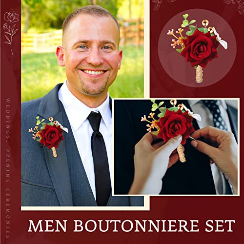 Sherr 40 Pcs Rose Wrist Corsage and Boutonniere Set Wedding Corsage Wristlet Bride Bridesmaids Groom Groomsmen Flowers Acc...