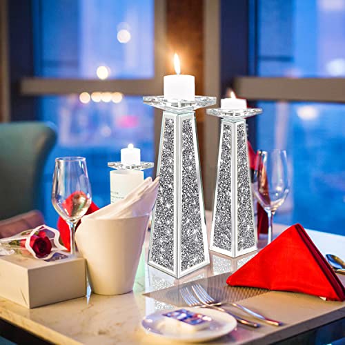 Wocred 2 Piece Candlestick Holders for Holding Pillar Candles, Crystal Crushed Diamond Candle Holders Set Decor for Dinnin...