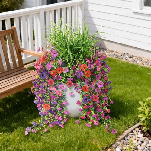 Artificial Hanging Flowers with Wheat Grass for Outdoors, 5 Pcs Fake Hanging Plants for Spring Decor, UV Resistant Faux Si...