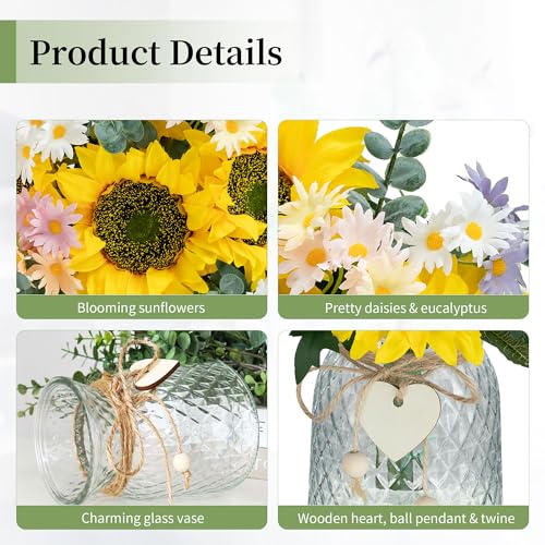 BLOSMON Sunflower Fake Flowers in Vase: Sunflowers Artificial Flowers with Vase for Table Centerpieces Decor - Silk Flower...