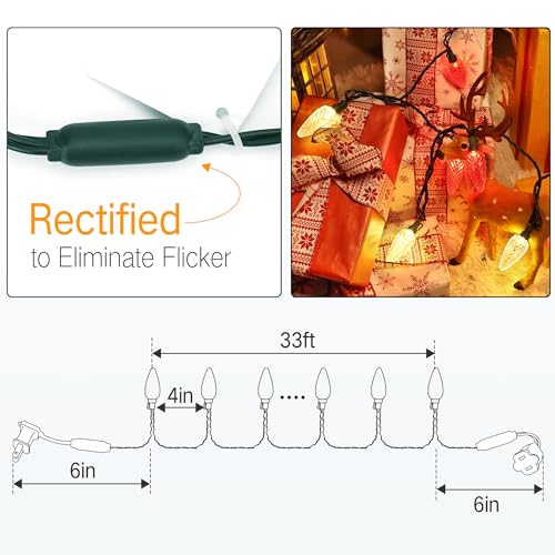 Brizled Red & Warm White C9 Christmas Lights, 33ft 50 LED Faceted Outdoor Christmas Lights, Connectable Xmas Tree Light, U...