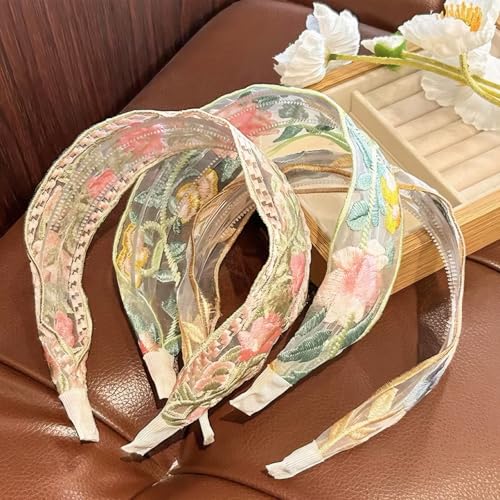 PKRFCJ Floral Headband for Women 3 PCS Embroidered Headband,Wide Boho Mesh Fabric Hair Bands,Comfortable and Non-slip Hair...